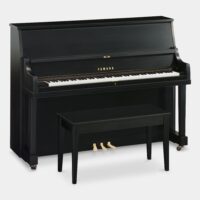 Yamaha upright piano with matching bench, black finish, ideal for home or studio use. Available at Classic Pianos Portland.