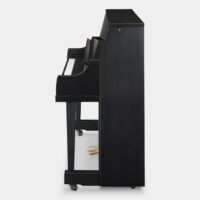 Kawai K-15 upright piano in polished ebony, side view showcasing sleek design and premium craftsmanship.