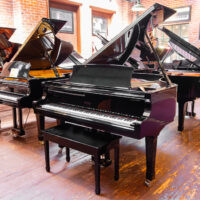 Petrof grand piano in black polish finish displayed at Classic Pianos Portland showroom.