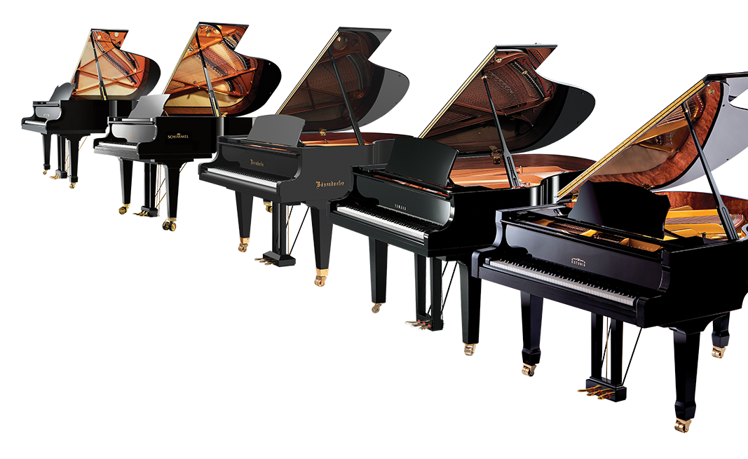 Five premium grand pianos from Yamaha, Bösendorfer, and Schimmel showcased with fine wood finish and elegant design.