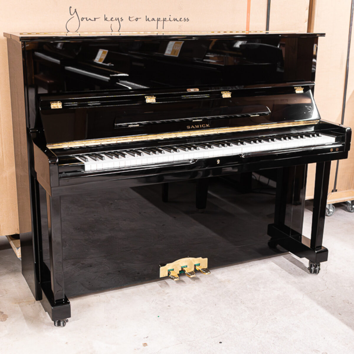 Samick upright piano featuring polished ebony finish, showcasing craftsmanship at Portland Classic Pianos.
