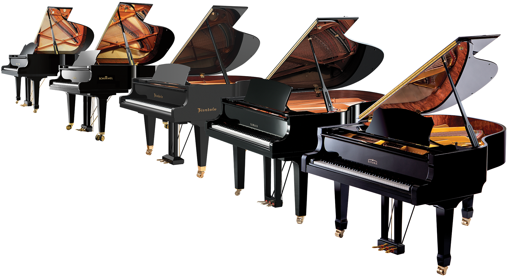 Five grand pianos in a row: Steinway, Yamaha, Schimmel, Bösendorfer, and Estonia, showcasing premium craftsmanship.