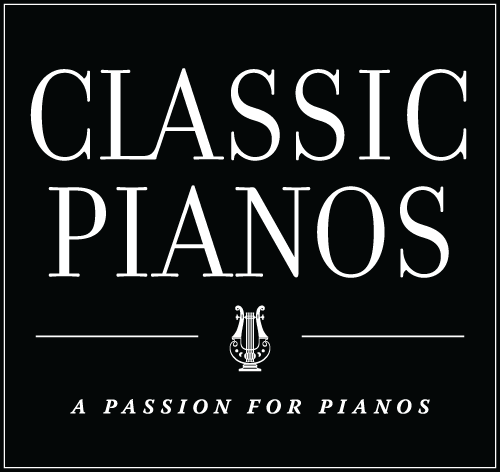 Classic Pianos logo featuring elegant typography, highlighting quality pianos and a passion for musical excellence.
