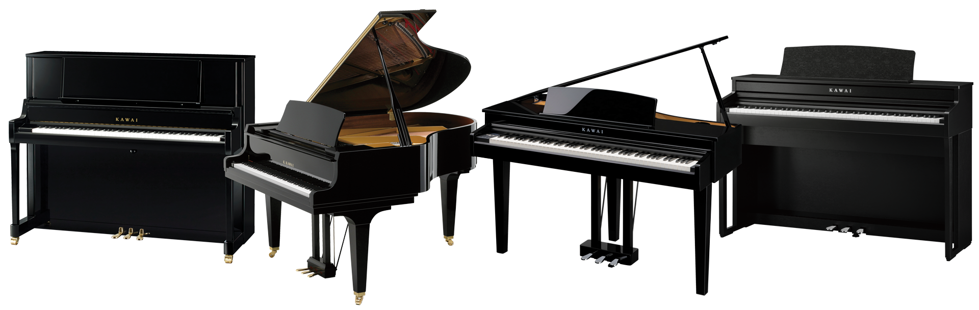 Alt text: Showcasing Kawai upright and grand pianos in polished ebony finish, featuring high-quality craftsmanship and design.