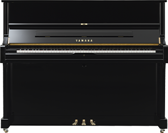 Yamaha U1 upright piano with polished ebony finish and traditional design, ideal for home and studio musicians.